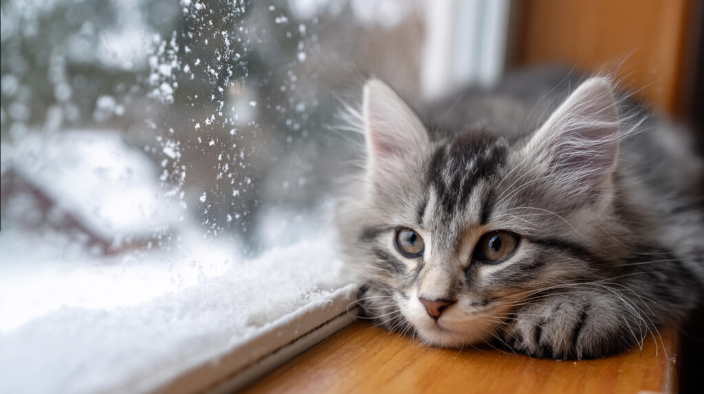 Kitten sits on a window sill looking out at the snow outside during winter